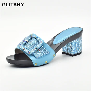 Sky Blue Африкански дамски обувки, украсени с кристал Италия Дамски обувки за парти Италиански жени Лято Секси високи токчета Помпи