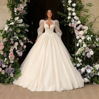 Smileven Puff дълъг ръкав сватбена рокля топка рокля апликирана дантела булката рокли Арабия Вестидо де Новия Сватбени рокли