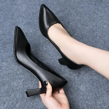 Soft PU Non-slip Single Shoe Работни обувки Дамски обувки Черен етикет Професионално интервю Високи токчета помпи