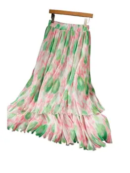 Summer Casual Fashion Chiffon Double Llayer Lotus Leaf Skirt For Women A-LINE Пола с висока талия Елегантна пола със сладък принт 2023