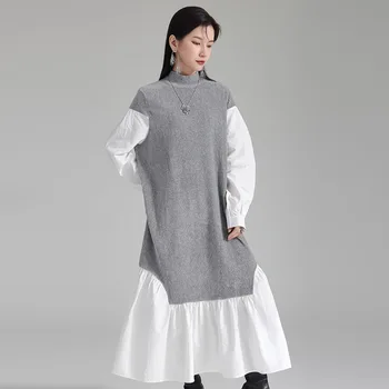 SuperAen 2023 Корейска свободна рокля Есен/зима Неправилен контрастен цвят Фалшива рокля тип риза от две части