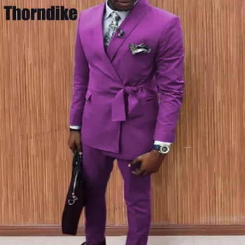 Thorndike Висококачествен сватбен костюм за мъже 2 броя Блейзър комплекти с колан Елегантен костюм Homme trajede boda (Blazer + панталони)