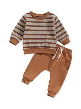 Toddler Kids Boys 2 Piece Outfits 6 12 18 24M 3T 4T дълъг ръкав раиран суитчър с еластична талия гамаши есенни дрехи комплект