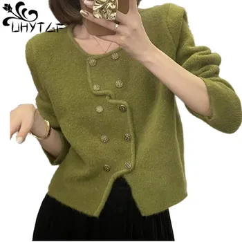 UHYTGF Нов пуловер жени мода двуреден жилетка есен зима пуловери палто женски качество овце вълна върховете дами 2458