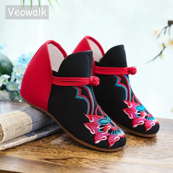 Veowalk ръчно изработени памучни обувки в китайски стил жени стари пекински апартаменти цвете с бродерия мека единствена дишаща кърпа маратонки