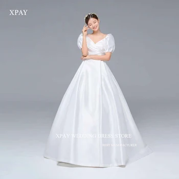 XPAY Проста линия Сатен Корея сватбени рокли къси ръкави фотосесия Реколта булчински рокли по поръчка булка Mariage