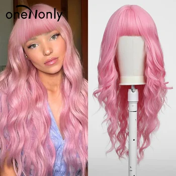 oneNonly Дълга розова перука с бретон естествена вълна топлоустойчива вълнообразна коса синтетични перуки за жени Lolita Cosplay