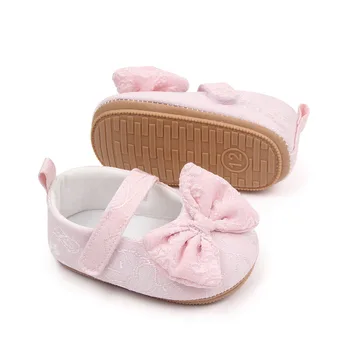 Бебе момиче обувки бял розов принцеса голям лък бродерия сладък цвете обувки първи пешеходци памук външни обувки
