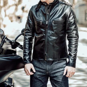 Безплатна доставка.продажби.Марка Класически мотоциклетист стил естествена кожа jacket.mens US 641 конска кожа coat.quality тънък