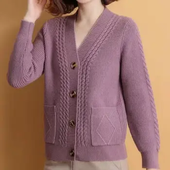 Дамска жилетка пуловер уютен плетен пуловер палто с еднореден дизайн топъл дълъг ръкав за есен зима един размер дама