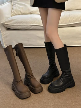 Дамски гумени ботуши секси бедрото високи токчета високи секси зимни обувки обувки ботуши-жени сабо платформа кръг пръсти цип дъжд над