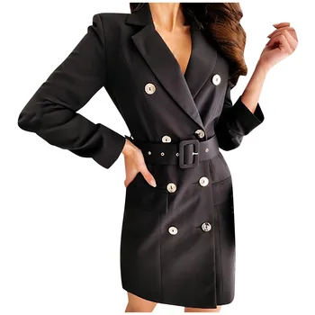 Дамски двуреден палто яке дълъг ръкав колан рокля плътен цвят средата дължина зимно яке работа официални комплекти скраб жилетка