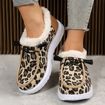 Дамски обувки Tabi дантелени дамски снежни ботуши с връзки плоски бели леопардови плюшени Comfrtable Demi-season Pu Anti Skid No Slipery