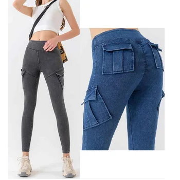 Дамски тесни дънки с множество джобове йога фитнес кльощави панталони дамски молив панталони работно облекло панталони