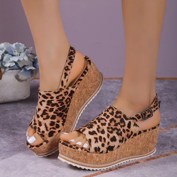 Дебели еднолични клин ток сандали за жени Лято леопард платформа Sandles жена глезена каишка гладиатор голям размер 42 Sandalias Mujer