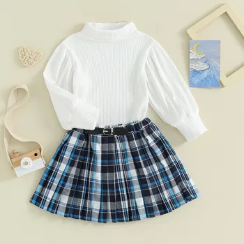 Детски момиче пола комплекти пролет есенни дрехи 2 парче дълъг ръкав високо деколте върховете и плисирана карирана пола комплект бебешки дрехи