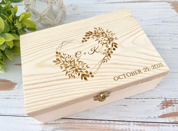 Дървена кутия за памет, селска дървена кутия за спомен, персонализирана гравирана кутия за подаръци, сандък за сватбена памет, бижута или фото кутия, двойки