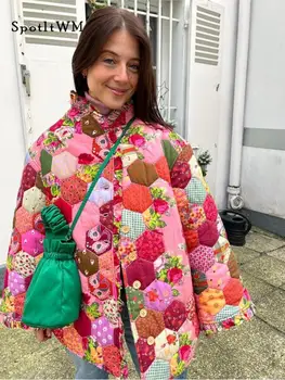 Есенни жени цвете отпечатани памучно яке мода еднореден щанд яка дълъг ръкав палто 2023 случайни топло улично облекло