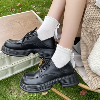 Есенни обувки с дантела за жени 2023 Черно увеличено Дамски обувки Mary Jane Британски буци петата студенти прашка обувки