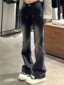 Жени Готика Harajuku мода ниско покачване Flare дънки Черно дънкови панталони Bell BottomStreetwear дълги панталони Tide мода