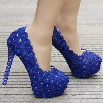 Жени Кристал дантелени обувки Помпи Мода Високи токчета сандали Сини обувки Жени Сватбени обувки Дамски стилет Дамски токчета