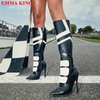 Жени Черно бяло пачуърк коляното високи ботуши дами заострени пръсти високи ботуши високи токчета обувки 2022 женски есен зима дълги ботуши
