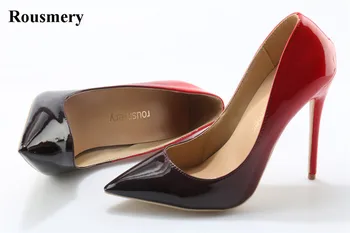 Жените високо качество заострени пръсти черен/червен градиент оцветени помпи лачена кожа 12 см 10 см високи токчета официални сватбени обувки