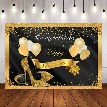 Златен блясък поздравете декора за рожден ден фон Високи токчета блестящи точки балони Златен фон за фото студио