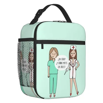 Карикатура дами медицинска сестра лекар отпечатани преносима кутия за жени многофункционален охладител термична храна изолирани обяд чанта
