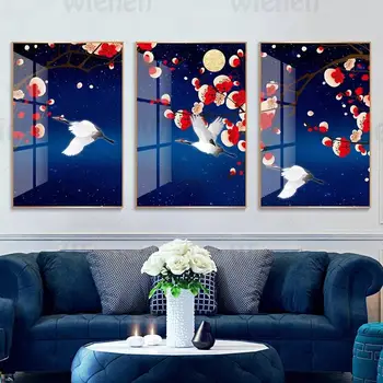 Китайски стил пейзаж Начало Декорация на хола HD печат кран слива цвят луна син фон платно живопис стена изкуство