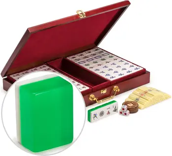 Класически китайски маджонг игрален комплект, изумруд със 148 полупрозрачни зелени плочки и дървена кутия