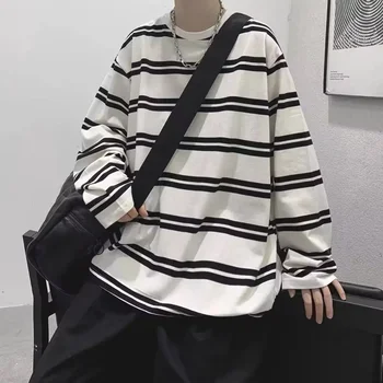 Корейска раирана тениска с дълъг ръкав за мъже Есенни Ins Fashion Brand Loose Универсален широк кръг врата пуловер подложка голям връх