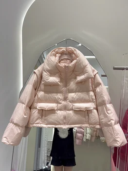 Късо палто за буфери Зимно дамско бяло патешко яке с качулка дебело топло свободно палто женски парки дамски връхни дрехи