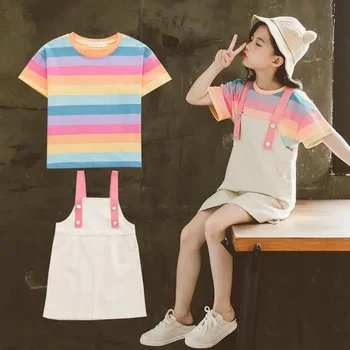 Летни комплекти детски дрехи възраст 4 6 8 9 10 12 години Момичета тениска + тиранти рокля костюм раирани детски дрехи анцуг