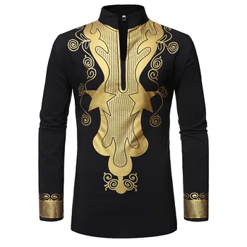 Луксозен случаен ислямски арабски Abaya роба мода етнически печат стойка яка младежка средна дължина риза палто 2023 мюсюлмански мъже облекло
