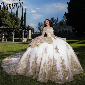 Луксозна принцеса къдри топка рокля Quinceanera рокли дълъг ръкав пайети апликации дантела корсет vestidos de 15 años