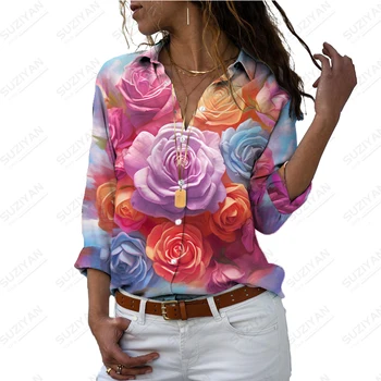 Лятна нова дамска риза роза 3D принтирана дамска риза небрежно красив стил дамска риза модерна, свободна тенденция дамска риза