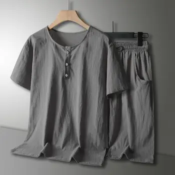 Лято Нов 2023 памучен и ленен костюм Мъжки хлабав дишащ случаен спортен къс ръкав тениска шорти от две части