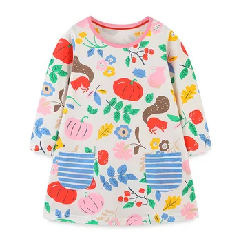 Малък мавен 2023 Бебе Момичета Рокля с дълъг ръкав Есенни ежедневни дрехи Прекрасни зеленчуци за деца 2-7 години