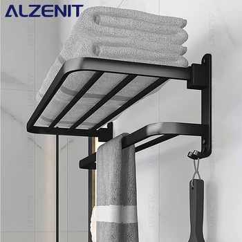 Матирана черна стойка за кърпи 40-60CM подвижен държач с кука за монтиране на стена рафт алуминиев душ бар закачалка релса аксесоари за баня