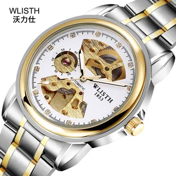 Мода Wlisth Топ марка мъже бизнес механични часовници скелет ръка вятър часовник пълен неръждаема стомана & кожа лента подарък часовник