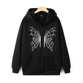 Мода Y2K паяк уеб печат цип суитчър Harajuku реколта дълги ръкави цип нагоре сива врана улично облекло пеперуда графичен качулка