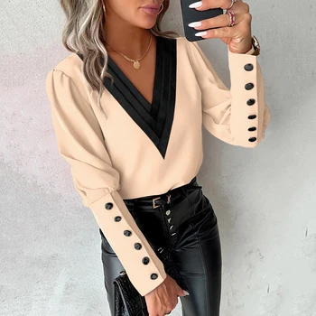 Мода нови жени блуза пачуърк v-образно деколте дълъг ръкав бутон дизайн риза елегантен офис плътен цвят случайни ежедневно streetwear