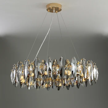 Модерен кристален полилей за хол Луксозна опушена сива кристална лампа спалня висяща светлина златна кръгла форма лампа тяло