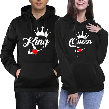 Модни мъже жени дълъг ръкав пуловер с качулка суитчъри унисекс крал и кралица печат случайни улично облекло двойка качулки
