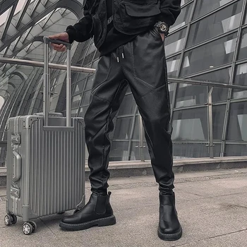 Мотоциклетен стил PU кожени панталони черни мъже ежедневни панталони Harlan Корея мода твърди реколта хлабав карго панталони мъжки 2023 Ново