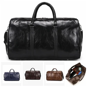Мъжка кожена чанта за пътуване Голяма Duffle независими обувки за съхранение Големи фитнес чанти Чанта чанта за багаж Чанта за рамо черна
