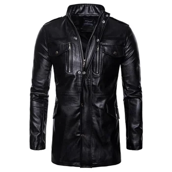 Мъжки луксозен тренч кожено палто мъжки еднореден бизнес случайни изкуствена яке мъжки черен дълго PU голям размер M-5XL
