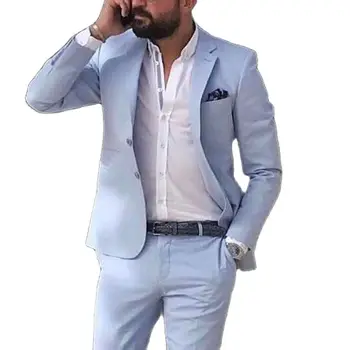 Небесно синьо бельо плаж мъже костюми 2023 лято 2 парче тънък годни младоженец смокинг за сватба ново мъжко модно яке с панталони