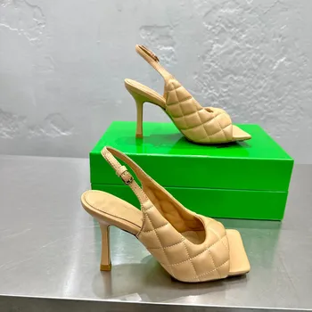 Нов дизайнер на висок ток мода голи сандали женски ромб кожа площад отворен пръст тънък ток stilettos секси дамски обувки